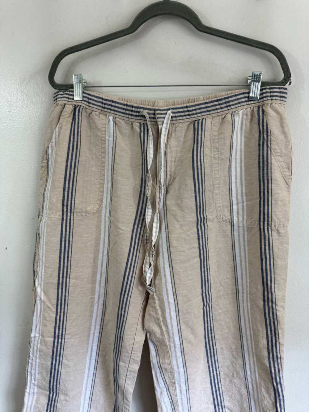 Liz Claiborne Striped Linen Wide-Leg Pants Trouser Cream Gray White Sz Large - Picture 3 of 10